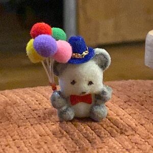 Vintage Flocked Bear Wearing Hat Holding Pom Balloons Pin